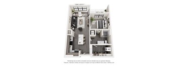 A floor plan of a two-bedroom apartment with a living room, kitchen, and bathroom.