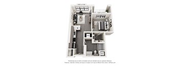 A floor plan of a two-bedroom apartment with a living room, kitchen, and bathroom.