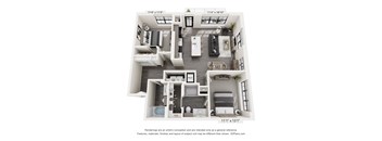 A 3D floor plan of a house with a living room, kitchen, dining room, and two bedrooms.