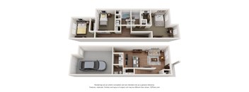 a stylized image of a 1 bedroom and a 2 bedroom floor plan