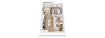 A 3D floor plan of a small apartment with a kitchen, living room, and bathroom.