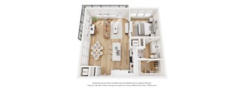 A 3D floor plan of a house with a kitchen, living room, dining room, and bathrooms.
