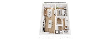 A floor plan of a small apartment with a kitchen, living room, and bathroom.
