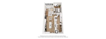 A 3D floor plan of a small apartment with a kitchen, living room, and bathroom.
