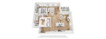 A 3D floor plan of a house with a kitchen, living room, and bathroom.