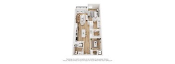 A 3D floor plan of a house with a kitchen, living room, and bathrooms.