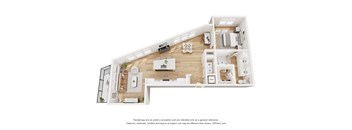 A 3D floor plan of a house with a kitchen, living room, and bathroom.