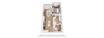 A 3D floor plan of a small apartment with a kitchen, living room, and bathroom.