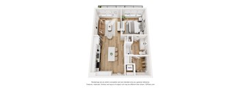 A 3D floor plan of a small apartment with a kitchen, living room, and bathroom.