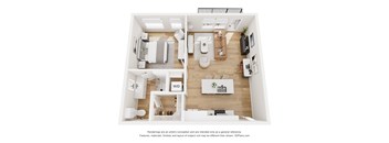 A 3D floor plan of a house with a kitchen, living room, and bathrooms.