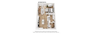 A 3D floor plan of a small apartment with a kitchen, living room, and bathroom.