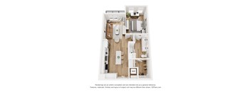 A 3D floor plan of a small apartment with a kitchen, living room, and bathroom.
