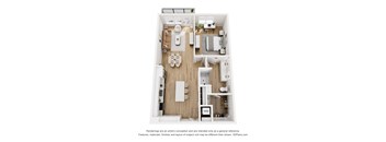 A 3D floor plan of a small apartment with a kitchen, living room, and bathroom.