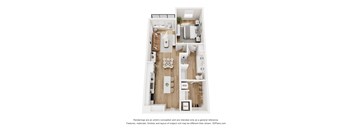 A 3D floor plan of a house with a kitchen, living room, dining room, and bathroom.