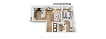 A 3D floor plan of a house with a kitchen, living room, and bathroom.