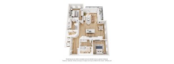 A 3D floor plan of a house with a kitchen, living room, and two bedrooms.