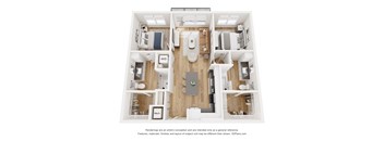 A 3D floor plan of a small apartment with a kitchen, living room, and bathroom.