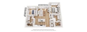 A 3D floor plan of a house with a kitchen, living room, and bathroom.