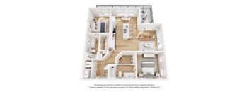 A 3D floor plan of a house with a kitchen, living room, and bedrooms.