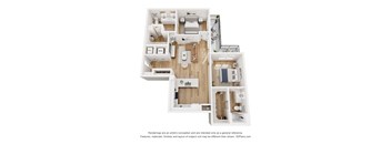 A 3D floor plan of a house with a kitchen, living room, and bedrooms.