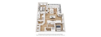 A 3D floor plan of a house with labeled rooms.