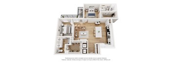 A 3D floor plan of a house with a kitchen, living room, and bedrooms.