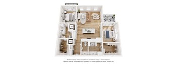 A 3D floor plan of a house with labeled rooms.