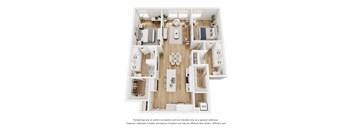 A floor plan of a house with a kitchen, living room, dining room, and two bedrooms.