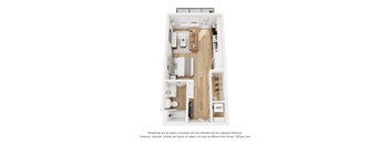 A 3D floor plan of a small apartment with a kitchen, living room, and bathroom.