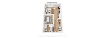 A 3D floor plan of a small apartment with a kitchen, living room, and bathroom.