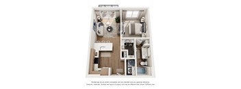 A 3D floor plan of a small apartment with a kitchen, living room, and bathroom.