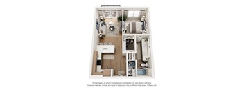 A 3D floor plan of a small apartment with a kitchen, living room, and bedroom.
