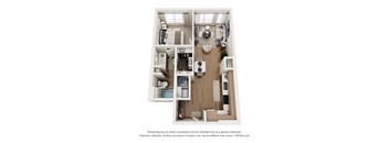 A 3D floor plan of a small apartment with a kitchen, living room, and bathroom.