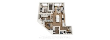 A 3D floor plan of a house with a kitchen, living room, and bathrooms.