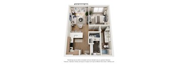 A 3D floor plan of a small apartment with a kitchen, living room, and bathroom.