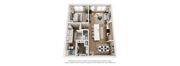 A 3D floor plan of a small apartment with a kitchen, living room, and bathroom.