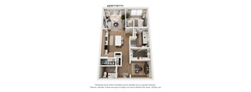 A 3D floor plan of a small apartment with a kitchen, living room, and bedroom.