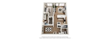 A 3D floor plan of a small apartment with a kitchen, living room, and bathroom.