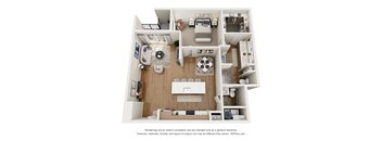 A 3D floor plan of a small apartment with a kitchen, living room, and bathroom.