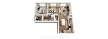 A 3D floor plan of a house with a kitchen, living room, and bathroom.