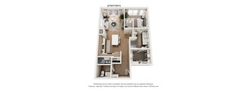 A 3D floor plan of a house with a kitchen, living room, and bathroom.