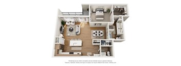 A 3D floor plan of a house with a kitchen, living room, and bedrooms.
