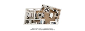 A 3D floor plan of a small apartment with a kitchen, living room, and bathroom.