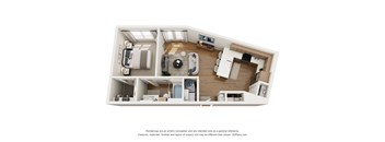 A 3D floor plan of a house with a kitchen, living room, and bedrooms.