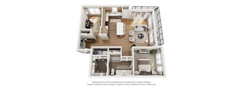 A 3D floor plan of a house with a kitchen, living room, and two bedrooms.