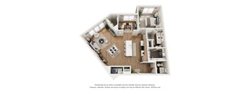 A 3D floor plan of a house with a kitchen, living room, and two bedrooms.