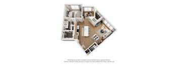 A 3D floor plan of a house with a kitchen, living room, and two bedrooms.