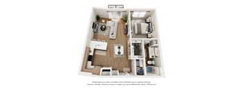 A 3D floor plan of a small apartment with a kitchen, living room, and bedroom.