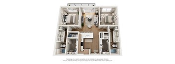 A 3D floor plan of a house with a kitchen, living room, and two bedrooms.