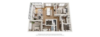 A 3D floor plan of a house with a kitchen, living room, and bathrooms.
